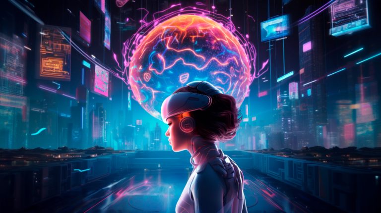 Mulher com headset futurista diante de um cérebro digital flutuante em ambiente tecnológico