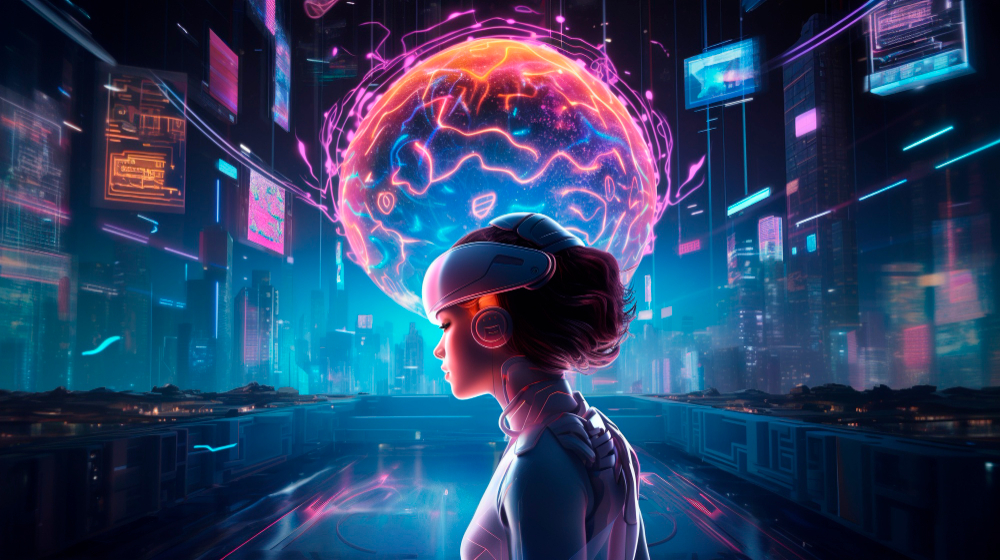 Mulher com headset futurista diante de um cérebro digital flutuante em ambiente tecnológico