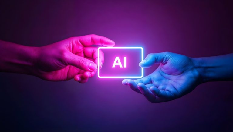 Duas mãos segurando um bloco luminoso com a sigla AI, simbolizando a automação e o uso da inteligência artificial nos negócios
