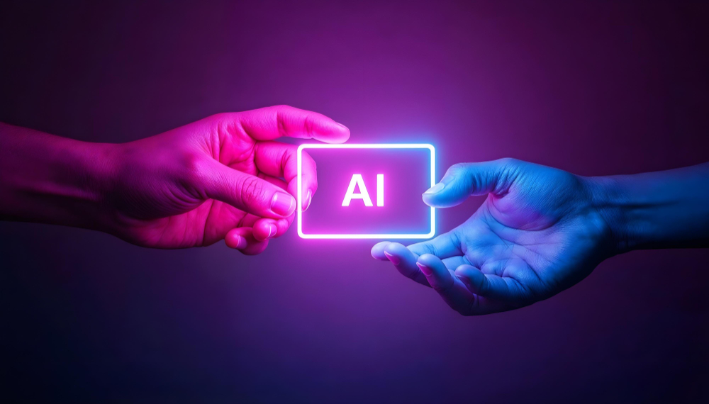Duas mãos segurando um bloco luminoso com a sigla AI, simbolizando a automação e o uso da inteligência artificial nos negócios