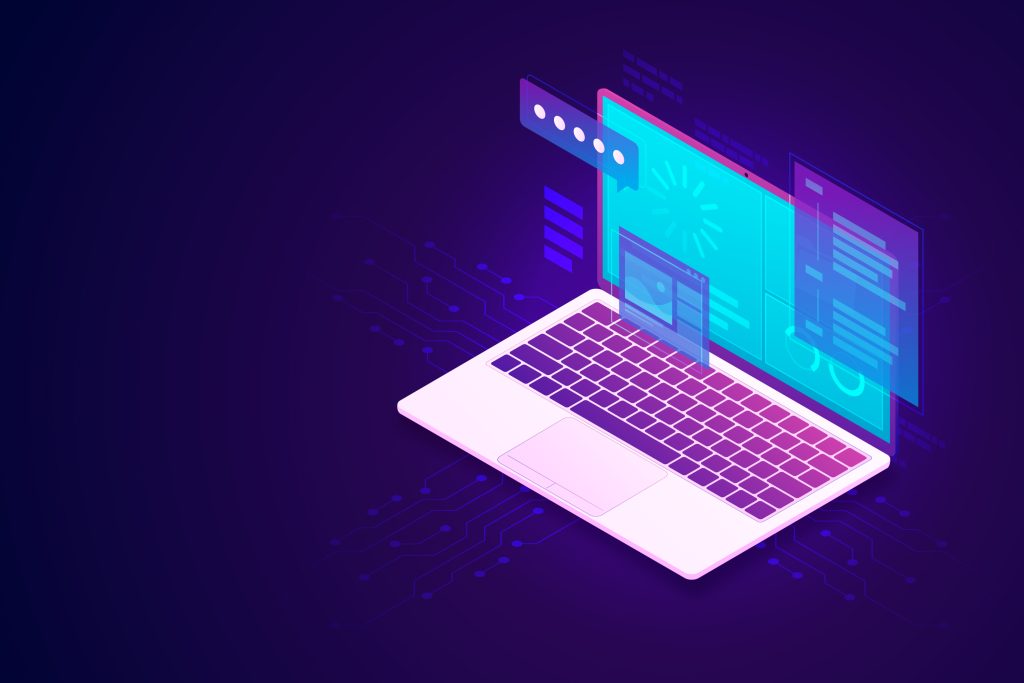Ilustração de desenvolvimento de software com notebook e elementos digitais — conceito de outsourcing de TI.