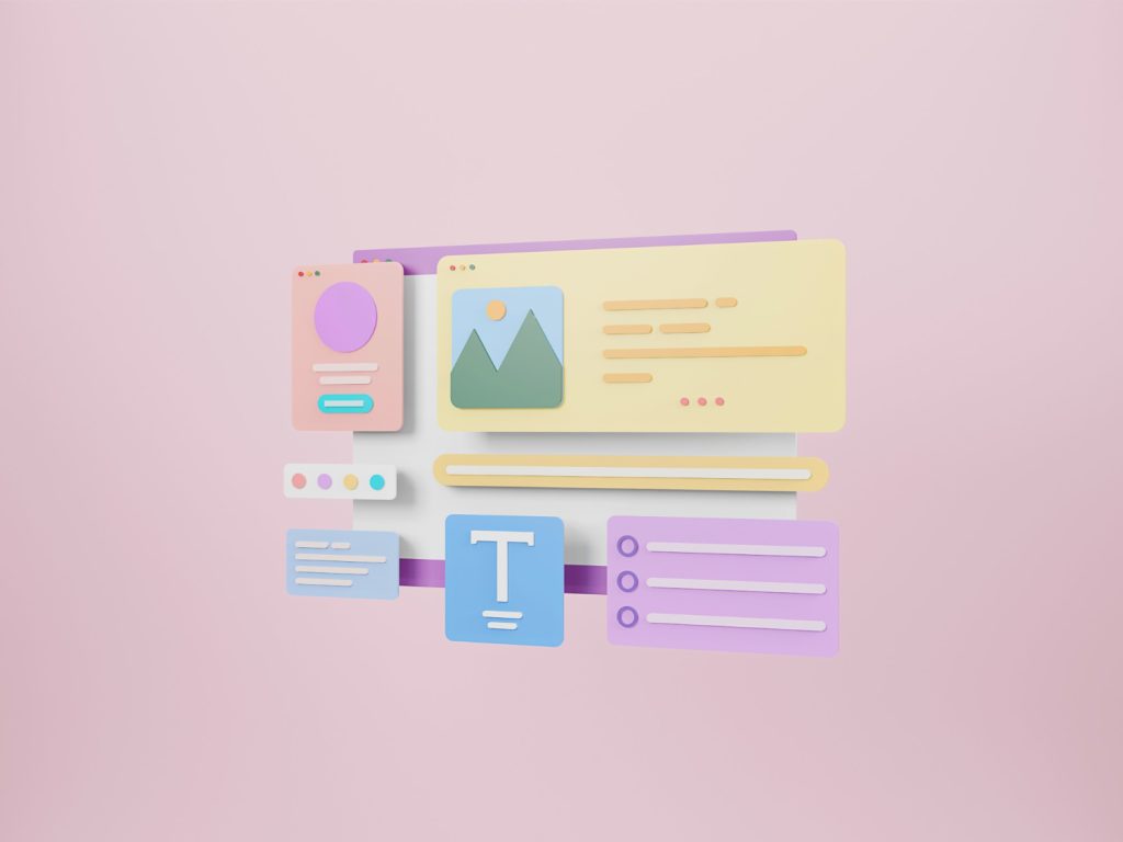 Elementos gráficos representando um site moderno e responsivo, com layout limpo e cores suaves, ideal para empresas que precisam de um redesign de site.