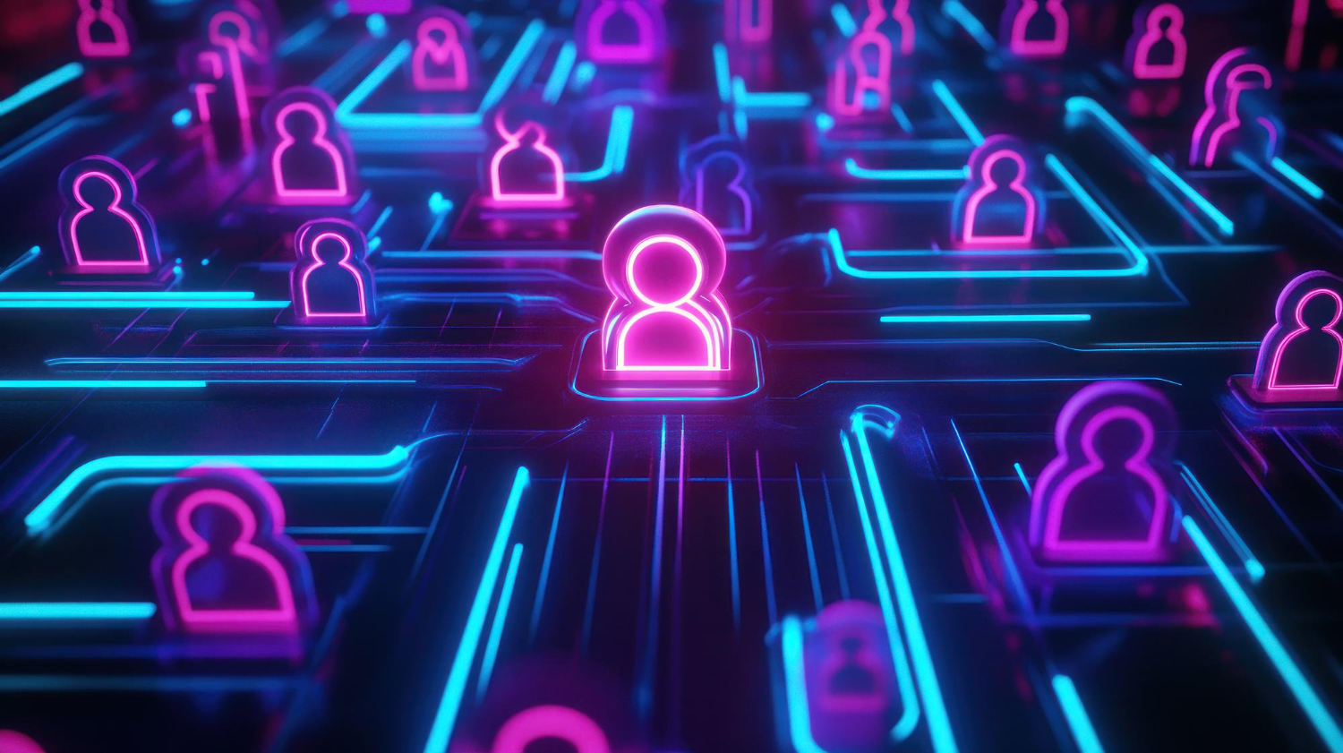 Conexões digitais com ícones de pessoas conectadas em rede, representando comunicação online e relacionamento entre empresas e clientes.