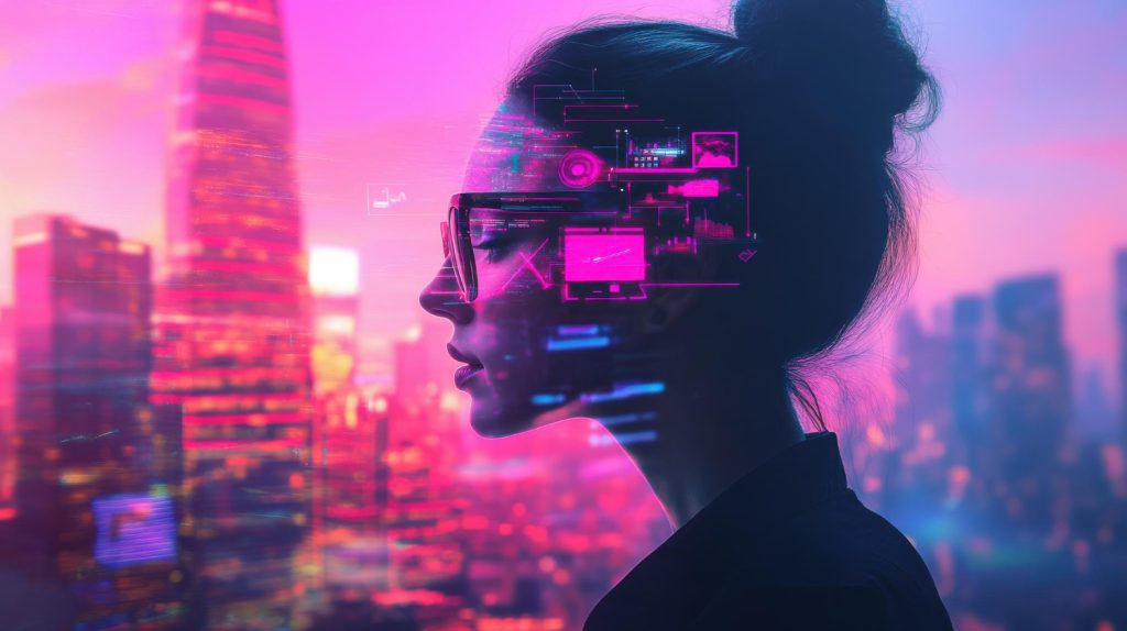 Mulher com óculos olhando para a cidade, com elementos digitais flutuando ao seu redor, representando a presença da inteligência artificial no dia a dia.