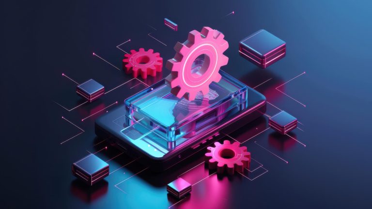 ngrenagens digitais sobre um smartphone simbolizando a automação de processos e o aumento da produtividade empresarial.