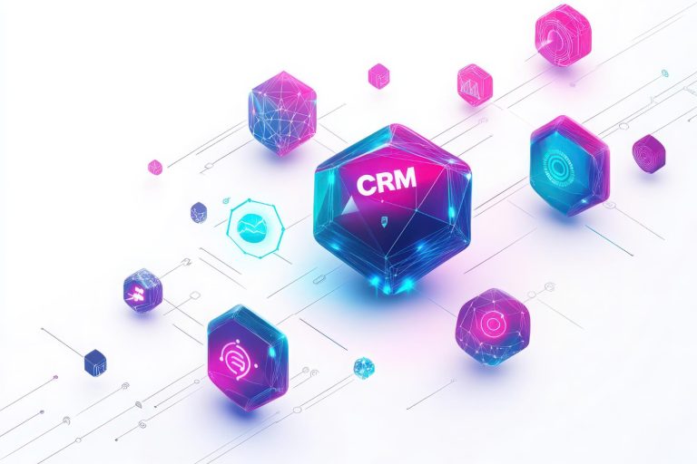 Ilustração digital com ícones 3D representando ferramentas de CRM e tecnologia, simbolizando automação e gestão de clientes no Brasil.