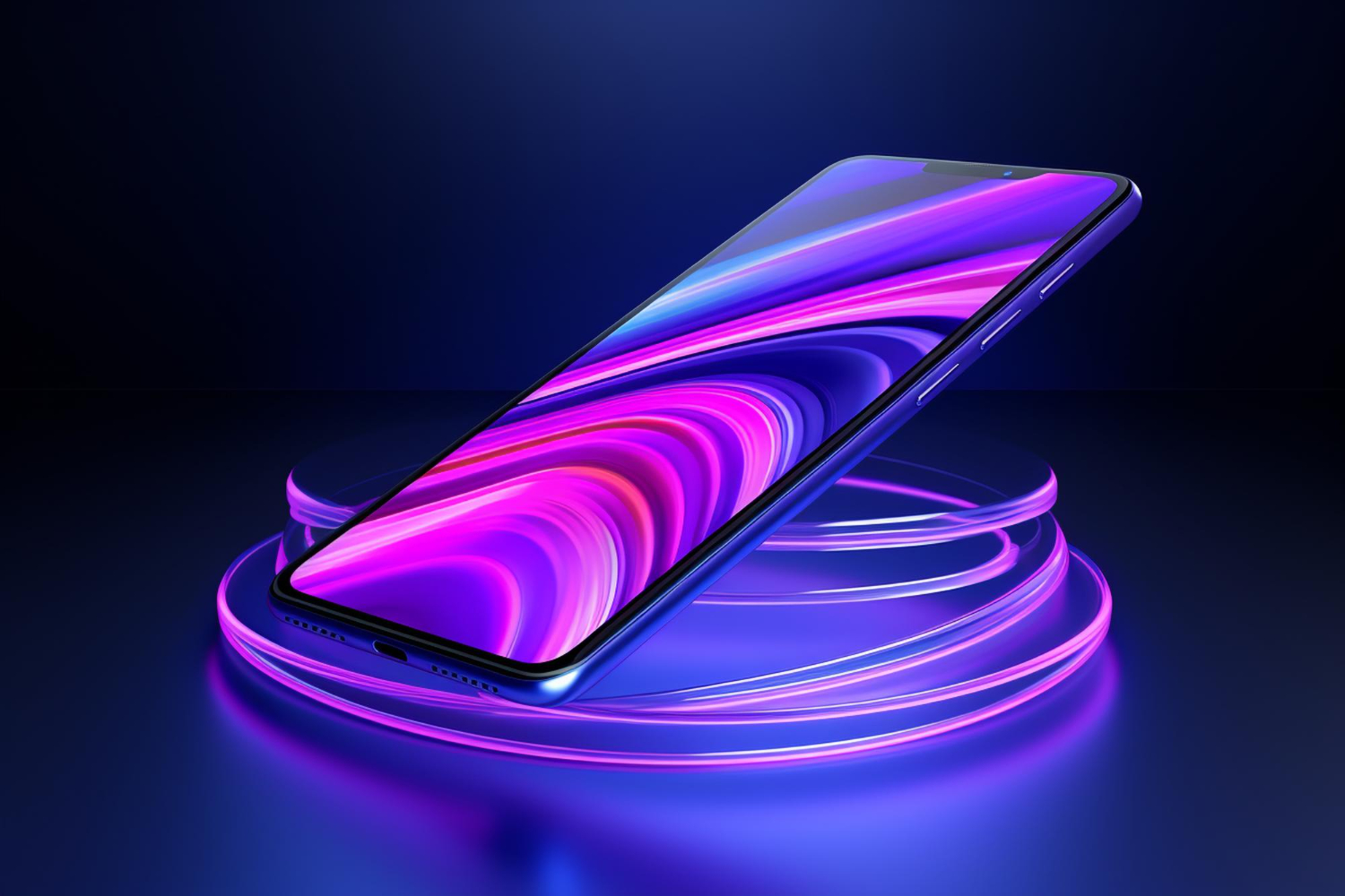 Smartphone moderno com luzes neon representando tendências de desenvolvimento mobile.