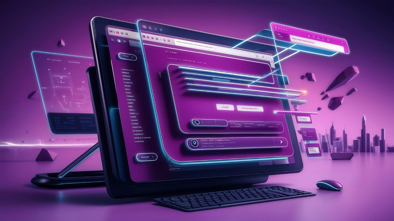 Ilustração futurista de um site profissional em desenvolvimento, com telas digitais em tons de roxo representando design moderno, usabilidade e tecnologia avançada.