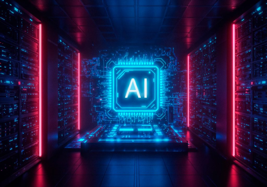 Chip de Inteligência Artificial representando ferramentas de IA para produtividade em um ambiente tecnológico.