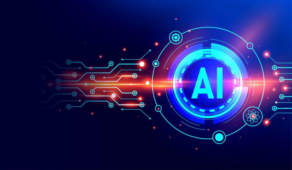 Imagem representando Inteligência Artificial com circuito digital conectado a um núcleo tecnológico com a sigla AI, simbolizando inovação e transformação digital nos negócios.