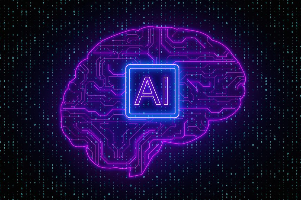 Ilustração de cérebro digital com IA representando o futuro do trabalho remoto em TI e a transformação digital com Inteligência Artificial.