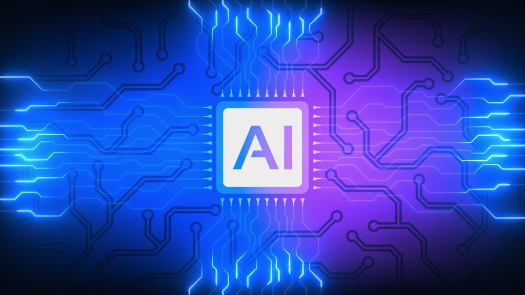 Ilustração de inteligência artificial aplicada a processos empresariais com chip digital e conexões tecnológicas