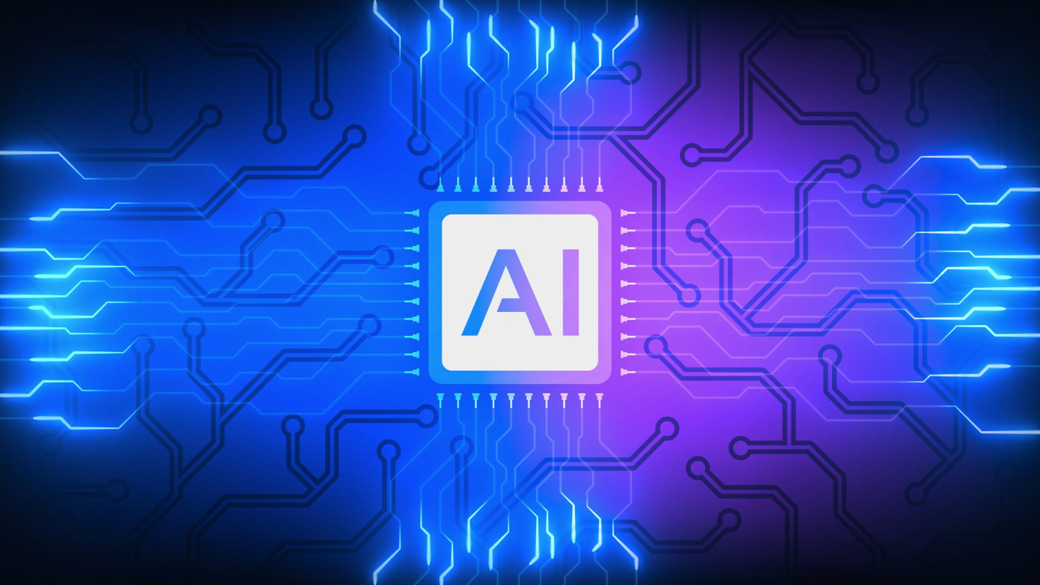 Ilustração de inteligência artificial aplicada a processos empresariais com chip digital e conexões tecnológicas