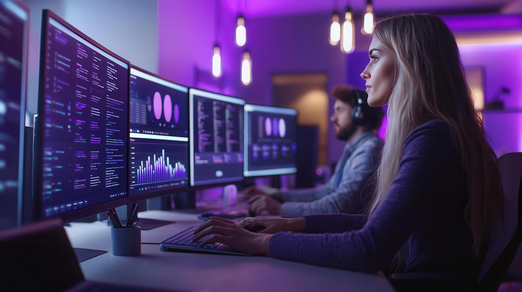Desenvolvedores analisando dados e desempenho de sistema em múltiplos monitores para reestruturação de software
