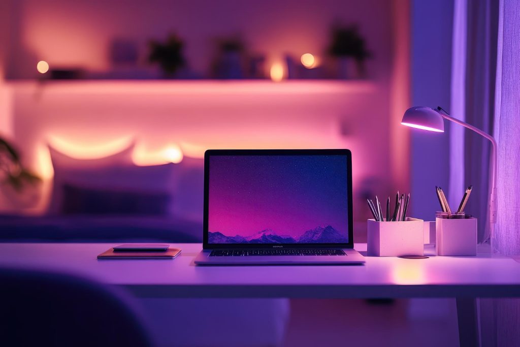 mesa de home office organizada com notebook e iluminação suave para separar vida pessoal e profissional no home office