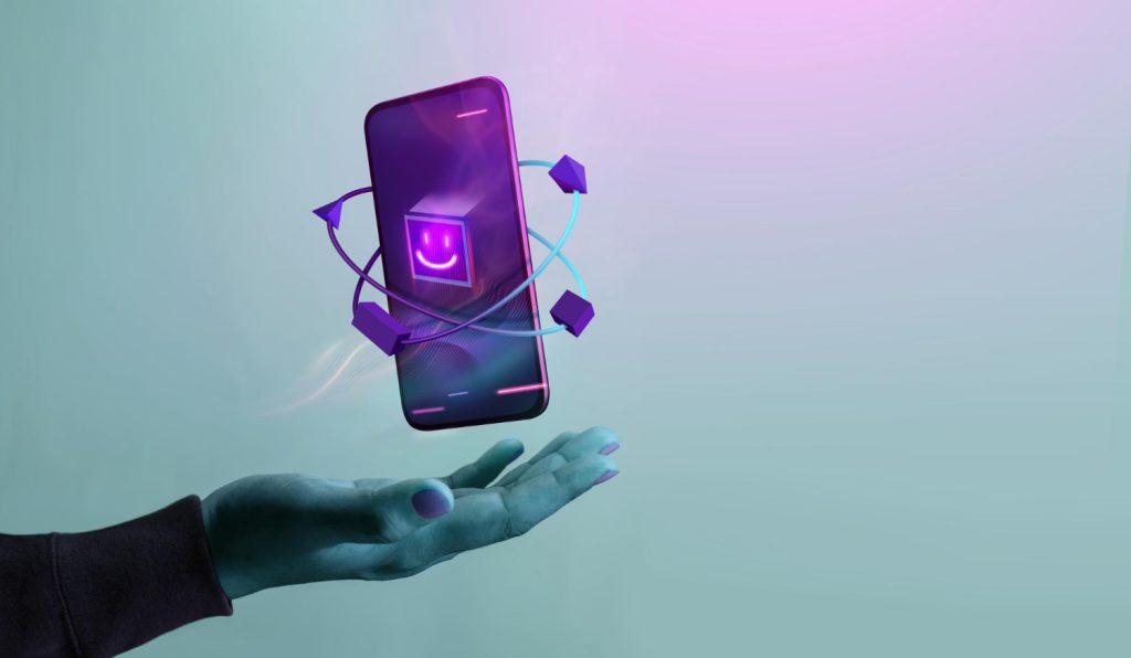 Ilustração de smartphone moderno flutuando sobre uma mão, representando a criação de aplicativo para empresa e inovação digital