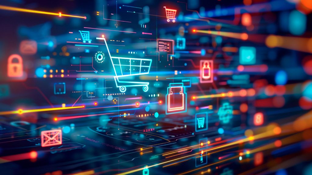Ilustração de carrinho de compras digital conectado a sistemas de automação, e-commerce, segurança online e tecnologia para aumentar as vendas no varejo.