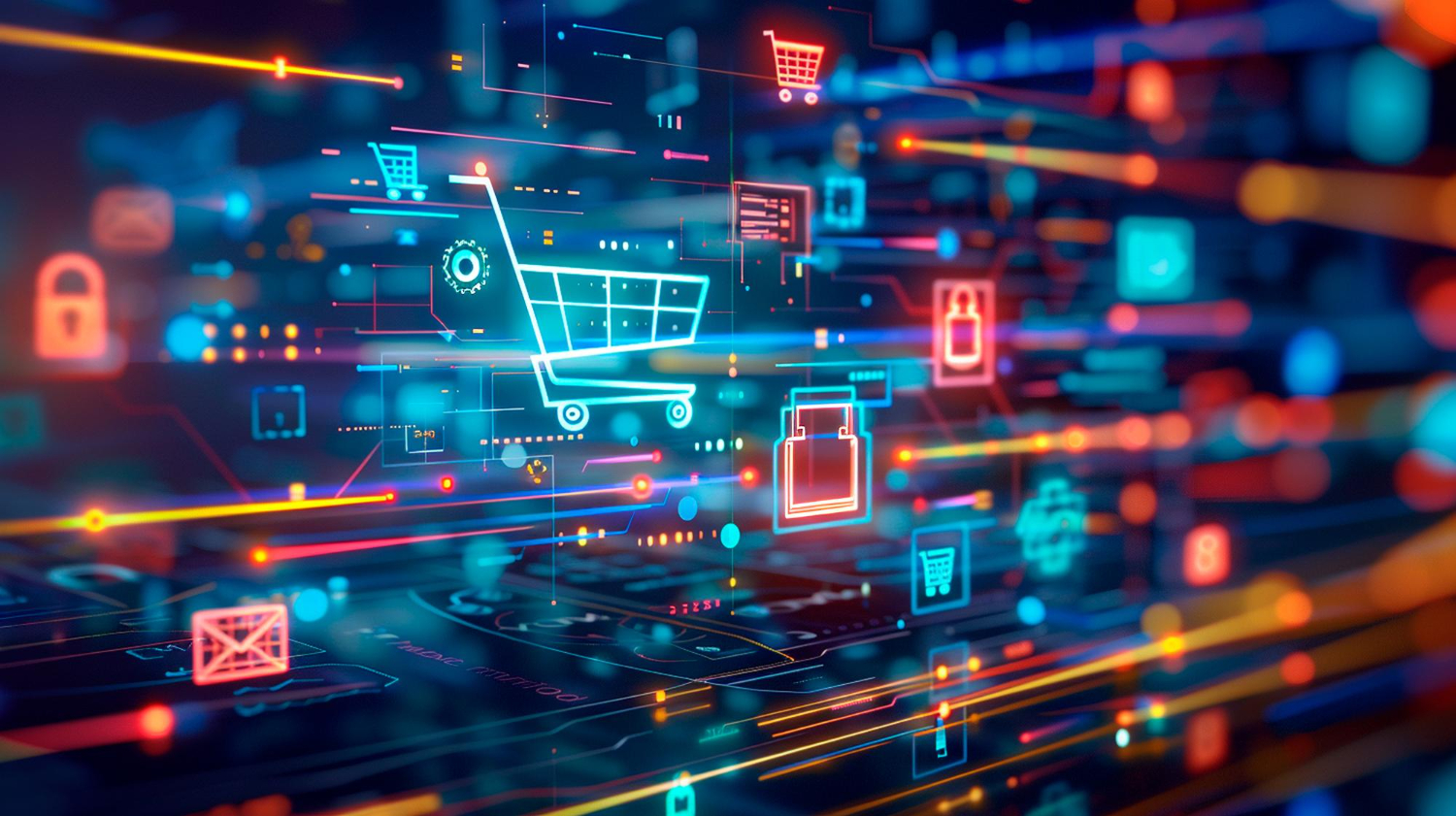 Ilustração de carrinho de compras digital conectado a sistemas de automação, e-commerce, segurança online e tecnologia para aumentar as vendas no varejo.