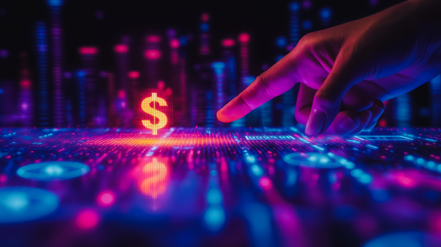 Mão interagindo com painel digital financeiro representando redução de custos empresariais por meio da tecnologia e automação de processos.