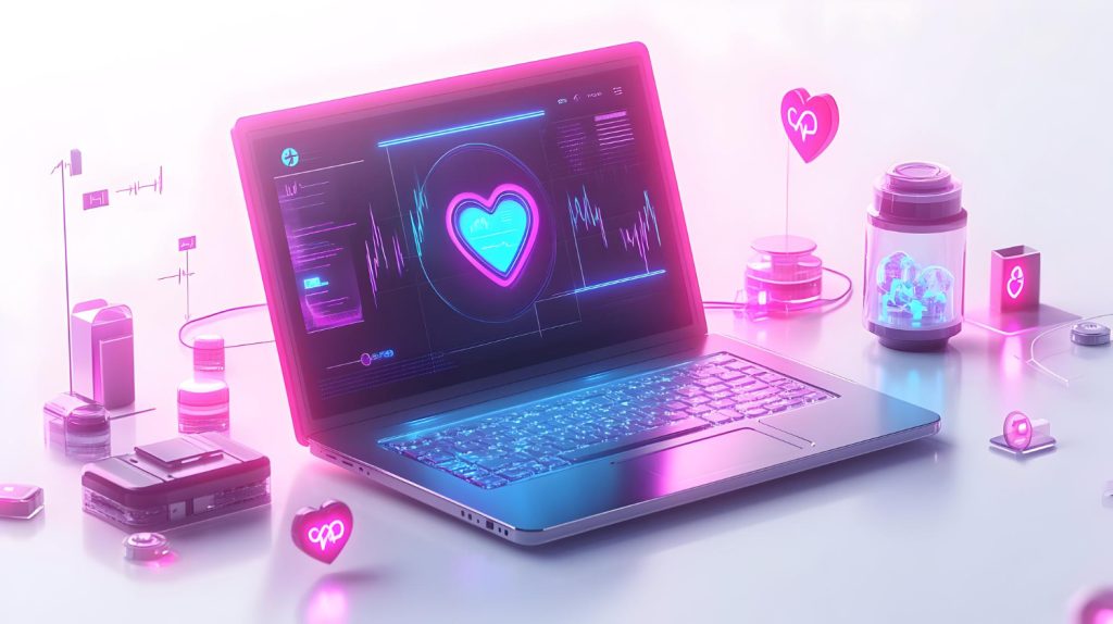 Notebook exibindo painel digital de monitoramento da saúde com ícone de coração, representando como a tecnologia está incentivando hábitos mais saudáveis por meio de aplicativos, wearables e inteligência artificial.