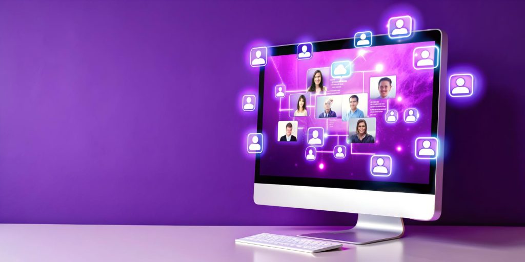 Computador exibindo conexões entre usuários, representando como transformar visitantes do site em clientes utilizando SEO, marketing digital, experiência do usuário e estratégias de conversão.