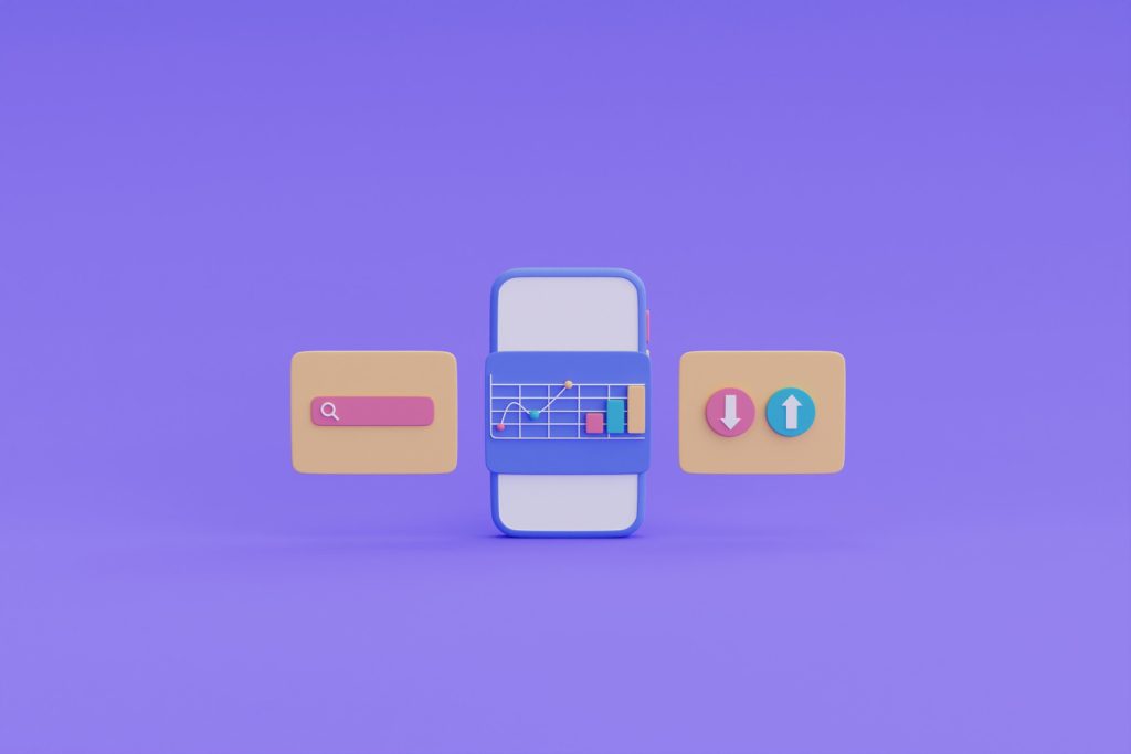 Ilustração 3D de smartphone com gráficos, pesquisa e indicadores de desempenho, representando aplicativo para empresas, análise de dados e transformação digital.