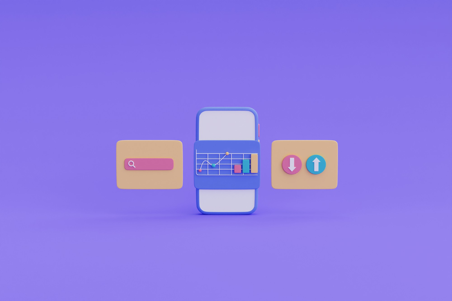 Ilustração 3D de smartphone com gráficos, pesquisa e indicadores de desempenho, representando aplicativo para empresas, análise de dados e transformação digital.