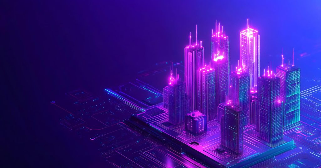 Ilustração de edifícios digitais representando a Inteligência Artificial transformando imobiliárias e o mercado imobiliário com tecnologia, automação e inovação.