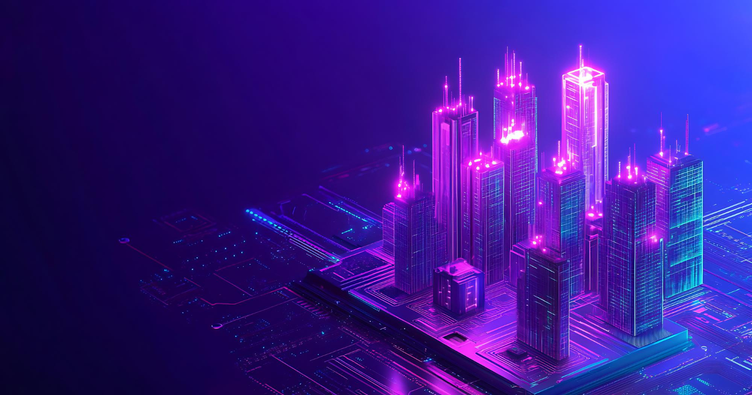 Ilustração de edifícios digitais representando a Inteligência Artificial transformando imobiliárias e o mercado imobiliário com tecnologia, automação e inovação.