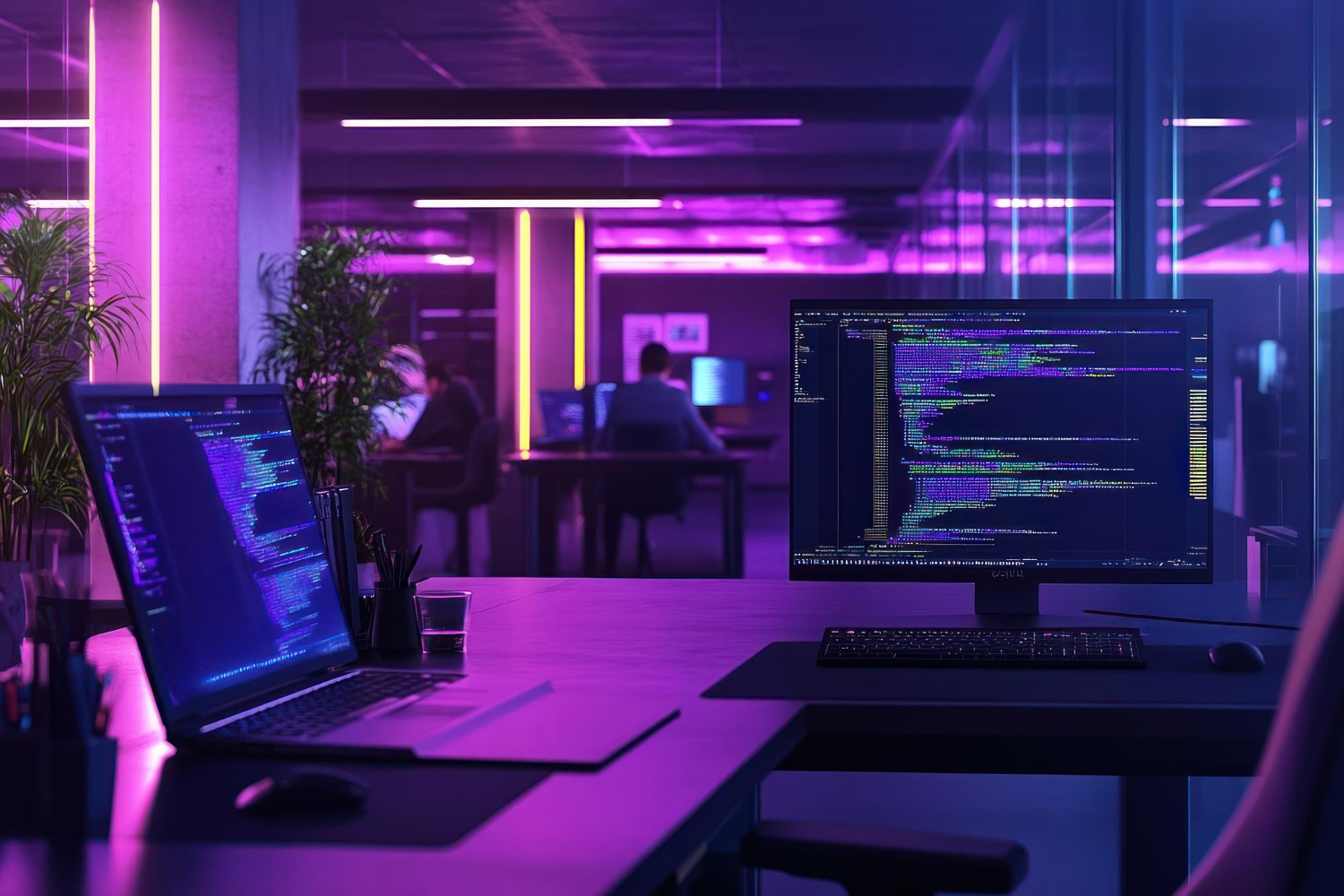 Equipe de empresa de software desenvolvendo sistemas personalizados em computadores com códigos de programação em ambiente tecnológico moderno.