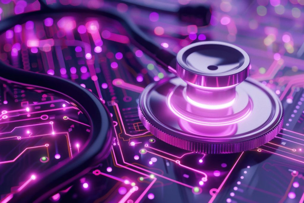 Estetoscópio sobre placa de circuito roxa representando tecnologia médica e inovação digital.
