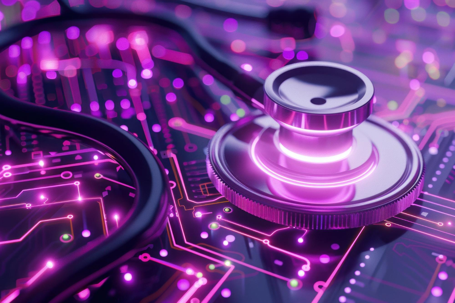 Estetoscópio sobre placa de circuito roxa representando tecnologia médica e inovação digital.