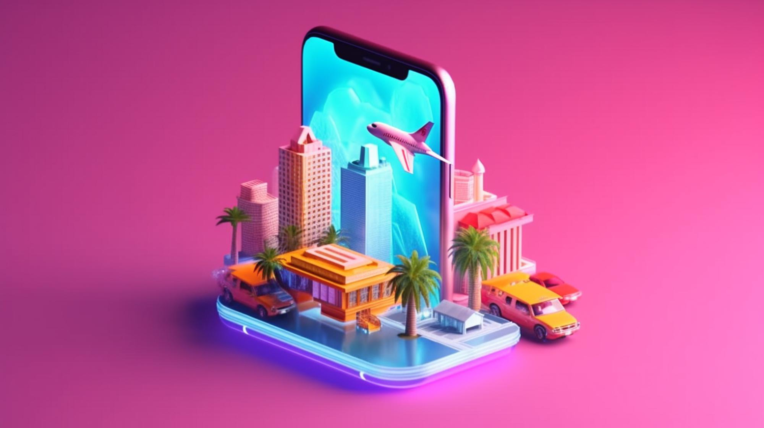 Ilustração de smartphone exibindo uma cidade turística digital com avião, veículos e prédios, representando tecnologia no turismo e inovação na experiência dos turistas.