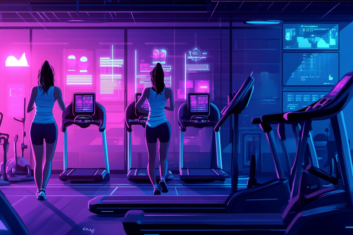 IA para academias com alunas treinando em esteiras em uma academia inteligente
