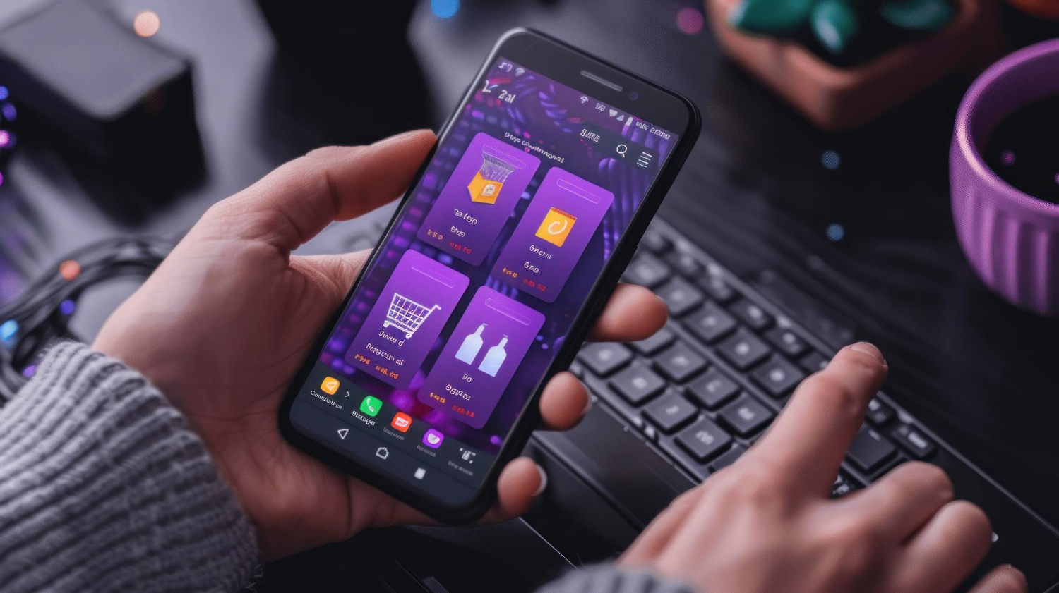 Pessoa usando aplicativo de compras no smartphone enquanto utiliza um notebook