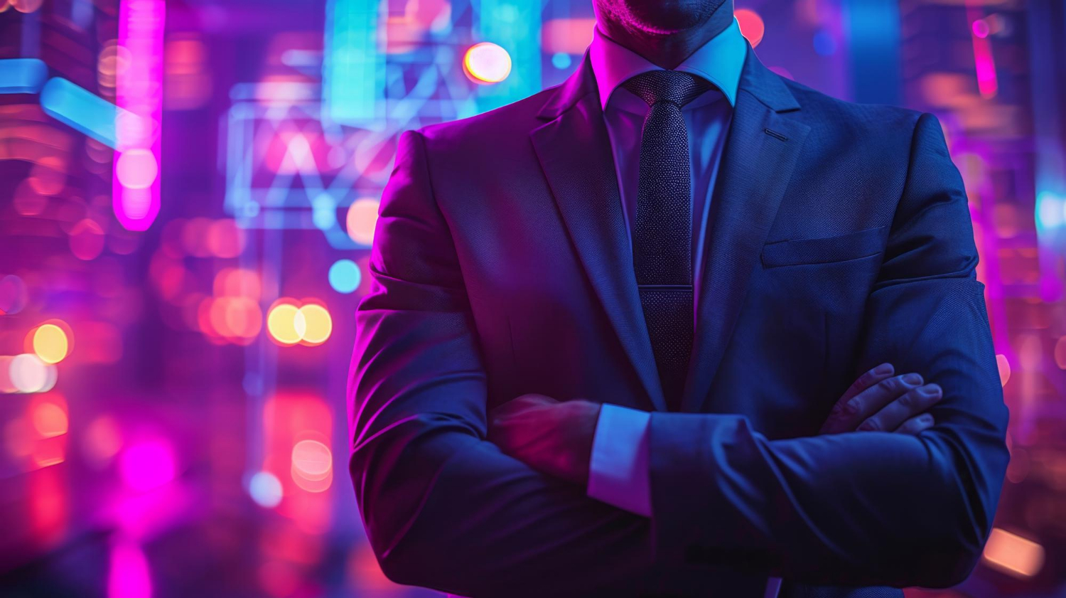 CEO em terno em ambiente tecnológico com iluminação neon